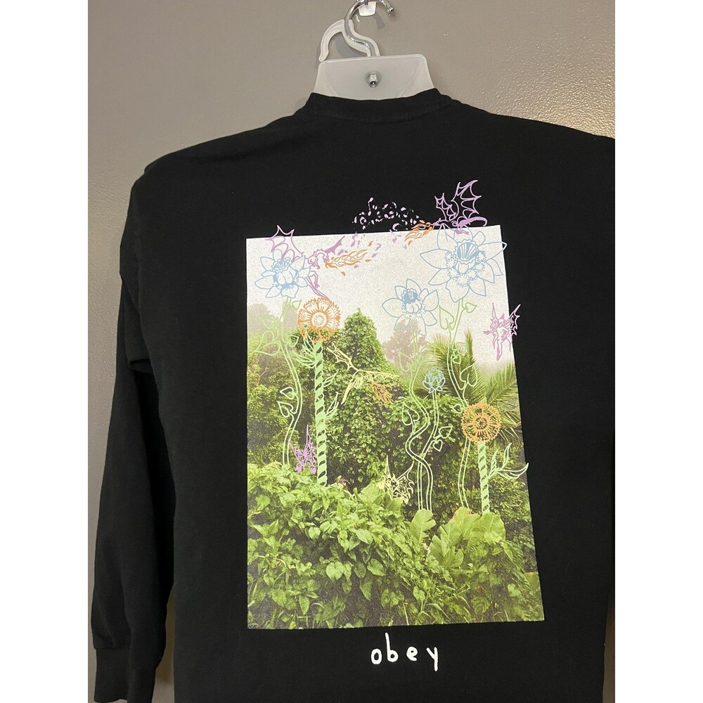 Obey Shirt Mens Small Black Long Sleeve Garden Floral Graphic Tee Nature Art